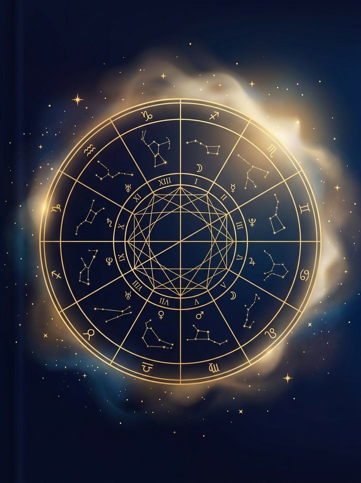 A natal chart wheel rendered in gold over a deep cosmic background